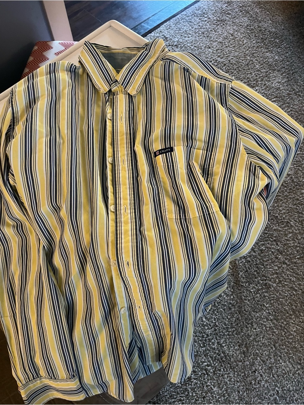 Chaps yellow, Navy & White Striped Button-Down Shirt Men’s size large